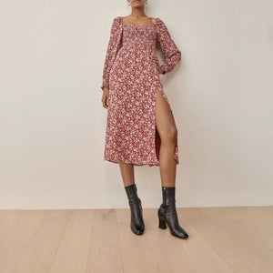 Long Sleeve Floral Square Neck Smocking Midi Casual Dress