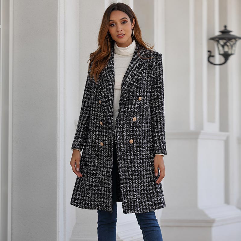 black gray check wool mix trench co