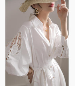 White Long Sleeve Hollow Out Embroidery Slim Shirt Dress