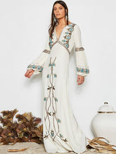 Load image into Gallery viewer, floor length long lantern sleeves ethnic dress flower pattern white embroidery boho dress
