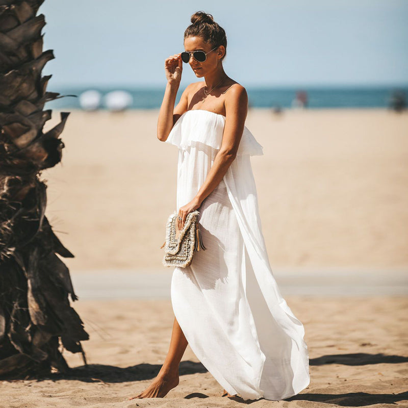 Summer White Rayon Loose Sexy Off Shoulder Beach Cover Up Dress Boho Long Strapless Maxi Dress