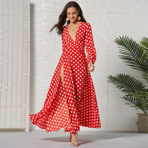 Deep V Neck Polka Dot maxi dress long sleeve