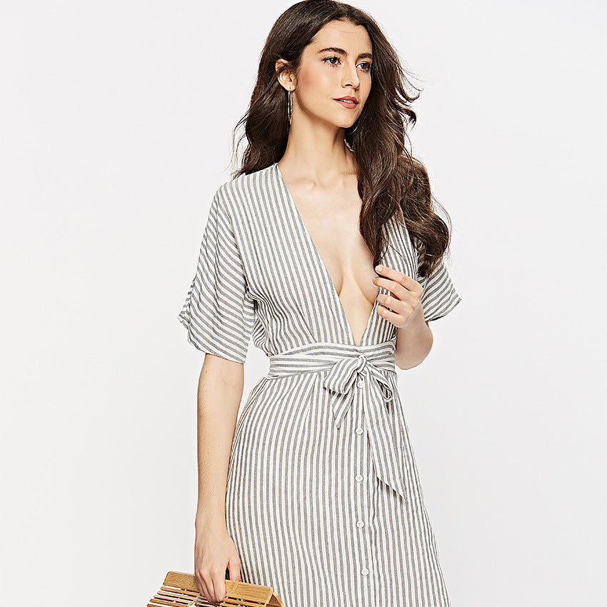 Stripe Deep V Neck Backless Slim Tie Waist Midi Beach Casual Dress –  Jasmine Wei Factory Shop