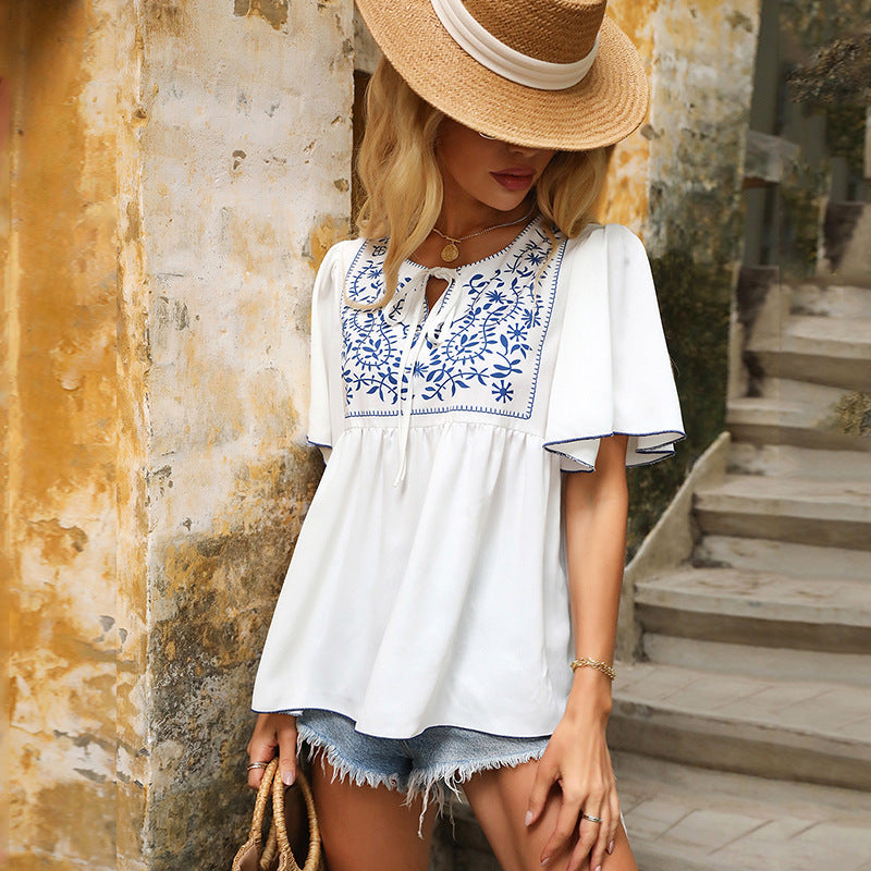 White Print High Waist Casual Short Sleeve T Shirt Top