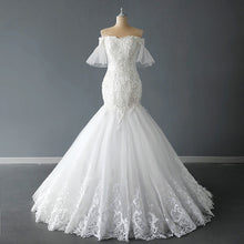 Load image into Gallery viewer, Off Shoulder Flare Short Sleeve Bridal Train Starry Bridal Wedding Dress
