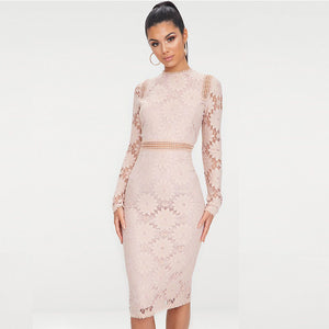 Elegant woman autumn spring wear knee length fashion women hollow out lace dress