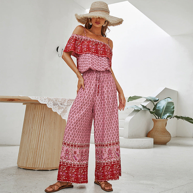 Off Shoulder Red Floral Spliced Casual Long Ladies Jumpsuit