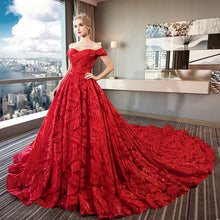 Load image into Gallery viewer, Off Shoulder Red Lace Plus Size Slim Big Train Wedding Evening Dress

