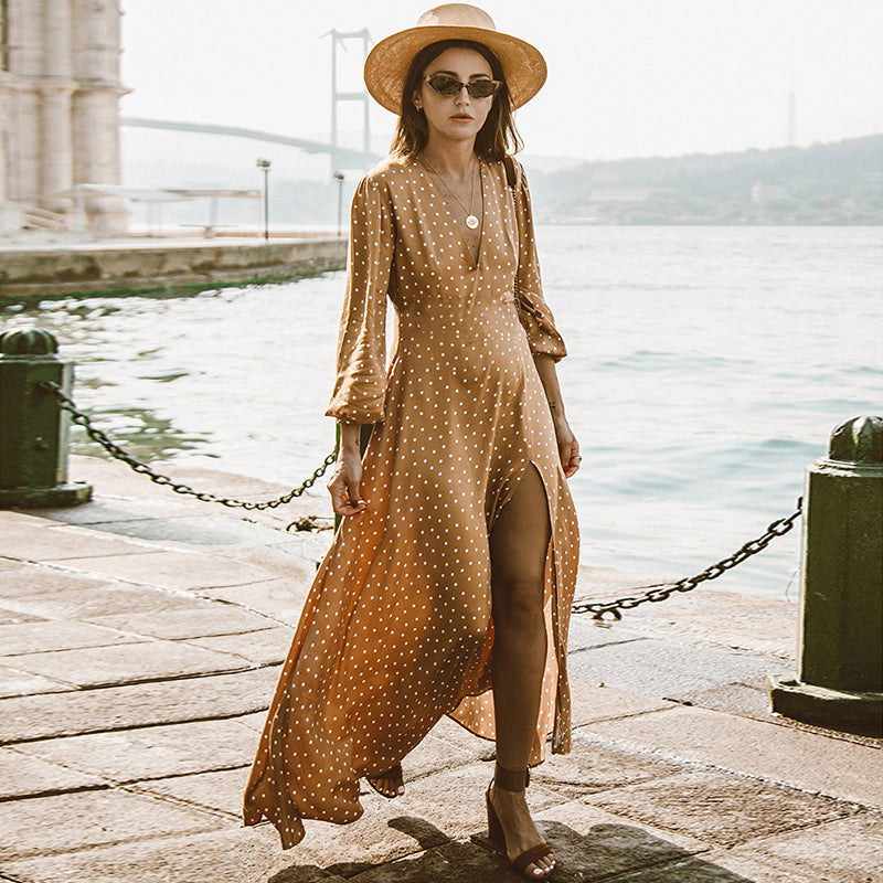 Long Sleeve Deep V Neck Polka Dot Maxi Dress