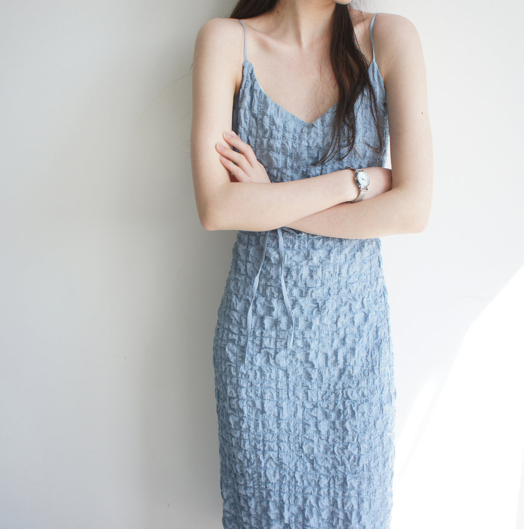 Cloud Seersucker Spaghetti Adjustable Strap Chic Casual Dress