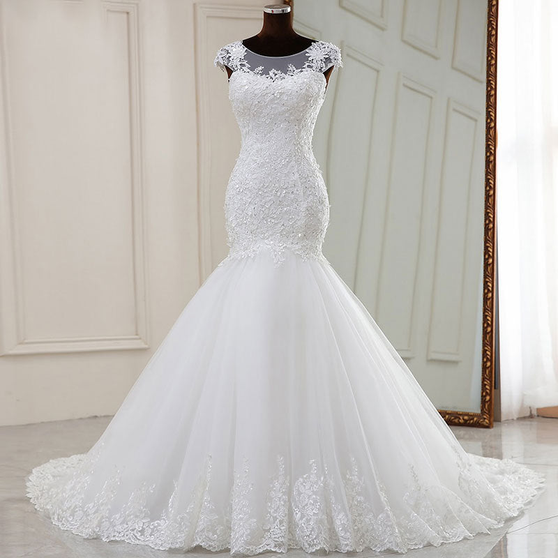Long White Lace Sequin Embroidered Applique French Style Mermaid Wedding Gown with Sweeping Train