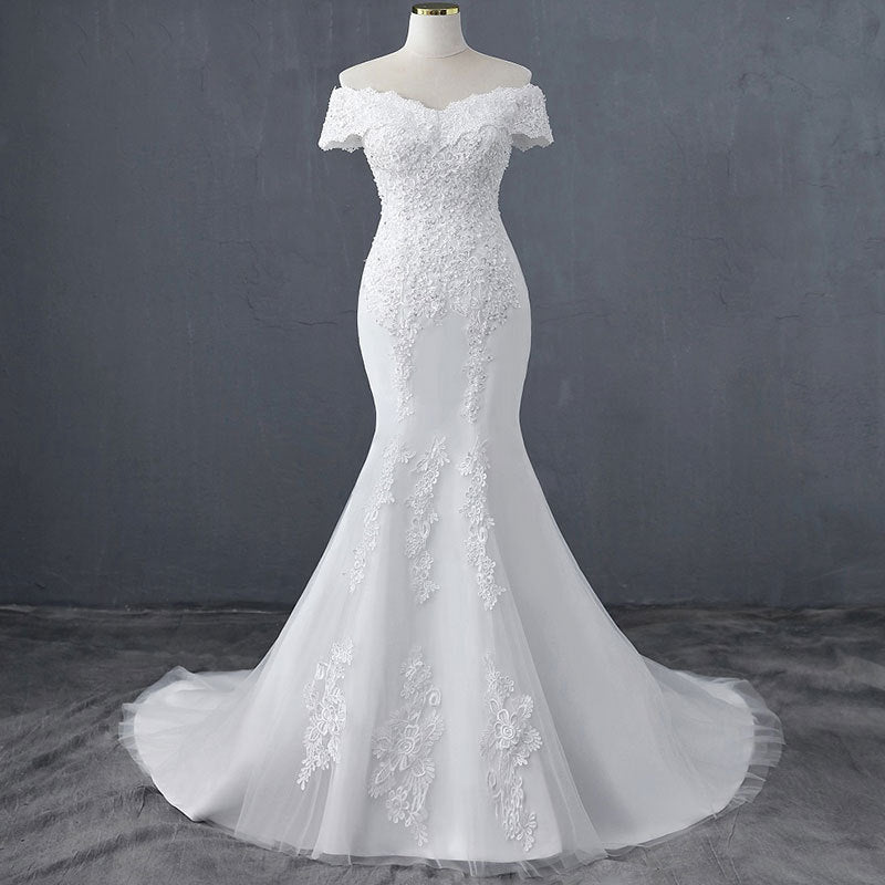 French Style Lace Train Middle Waist Mermaid Bridal Wedding Dress