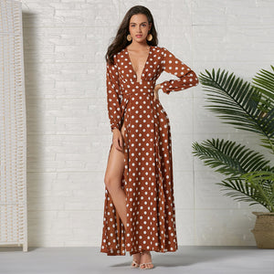 Deep V Neck Polka Dot maxi dress long sleeve