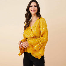 Load image into Gallery viewer, Yellow long sleeve chiffon v neck peplum blouse
