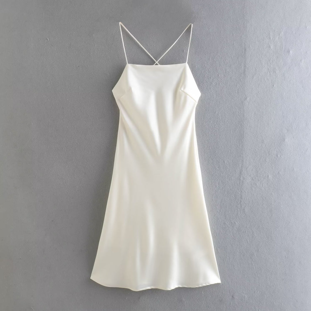 Imitated Acetate Spaghetti Backless Slip Midi Evening Dress