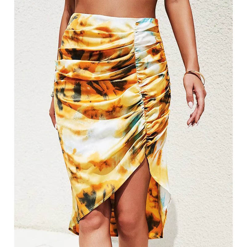 Ruched Printed Floral Asymmetrical Mini Skirt