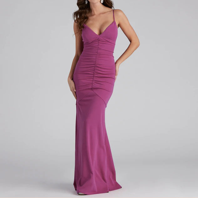 Spaghetti Strap Ruched Bustier Ruched Floor Length Mermaid Evening Dress