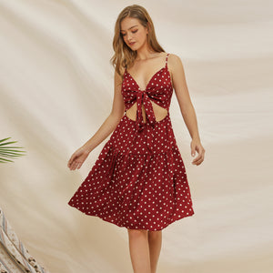新しいファッションセクシーなスリングバックレスサマーポルカドットドレスレディースショートミニドレス