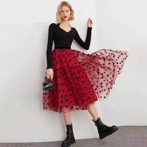 High Waist Heart Flocking Solid Pleated A Line Tulle Midi Skirt