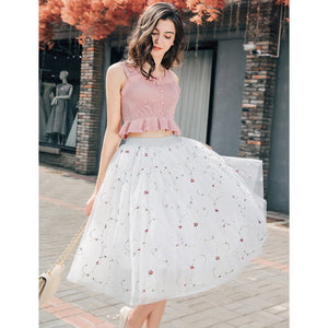 Floral Embroidered Multiple Layers High Waist Big Flare Tulle Skirt