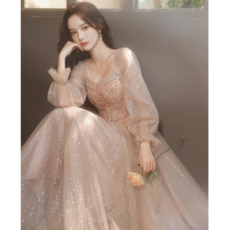 Elegant Long Sleeve Autumn Glittering Beaded Embroidery Champagne Evening Dress