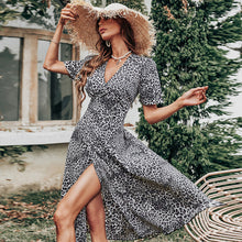 Load image into Gallery viewer, Leopard Short Sleeve Print Dress Long V Neck Big Flare Casual Dress
