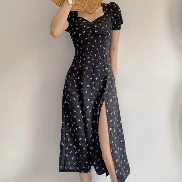 Black Floral Tea Length Slit Short Sleeve Midi Casual Dress