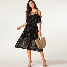 Laden Sie das Bild in den Galerie-Viewer, Black boho transparent O neck dot printing ruffled sleeve elastic waist nice lady wear off shoulder summer dress
