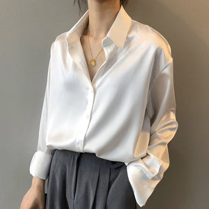 Office Lady Professional Work Silky Satin Shirt Blouse