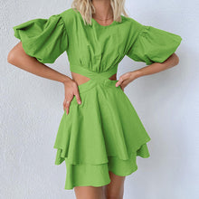 Load image into Gallery viewer, Cotton Linen A Line Off Shoulder Puff Sleeve Tiered Cut Out Mini Casual Dress
