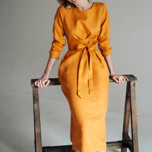 Long Sleeve Linen Midi Pencil Casual Dress