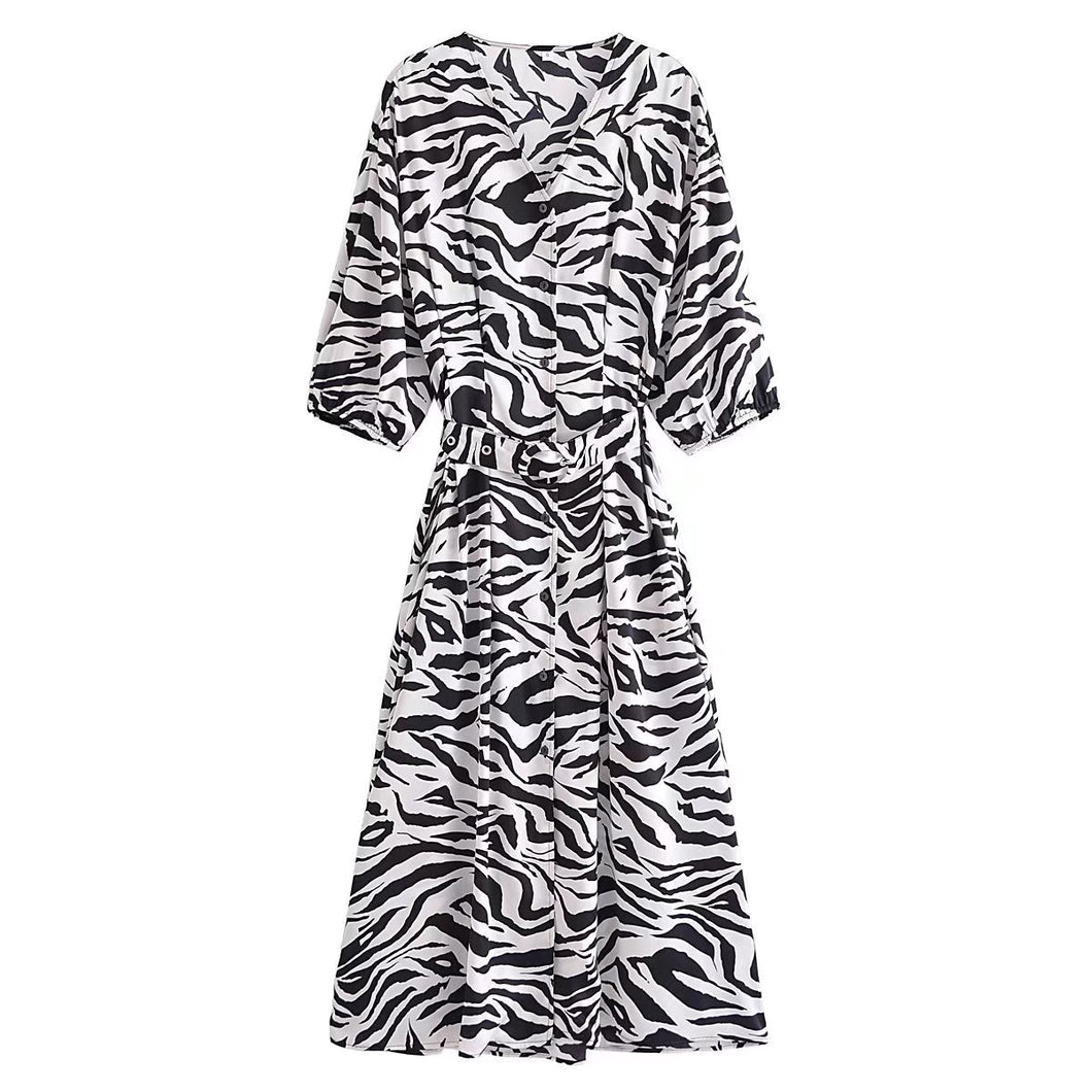 2022 Autumn Animal Zebra Print Belted V Neck Single Breasted Midi Casual Dress