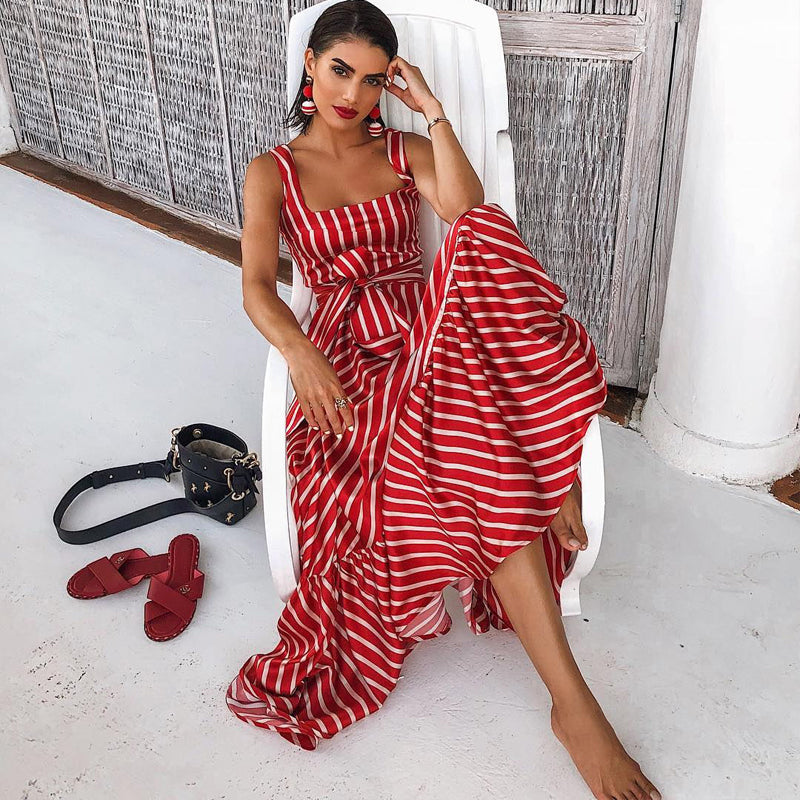 Women Red White Stripes Summer Maxi Dress