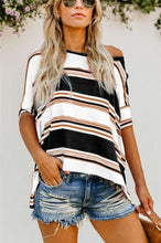 Load image into Gallery viewer, Contrast Stripe Knitwear T shirt Women Diagonal Neck Half Sleeve Asymmetrical Loose Top
