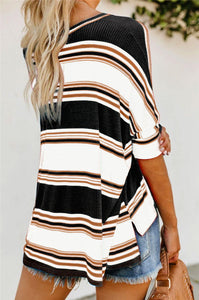 Contrast Stripe Knitwear T shirt Women Diagonal Neck Half Sleeve Asymmetrical Loose Top