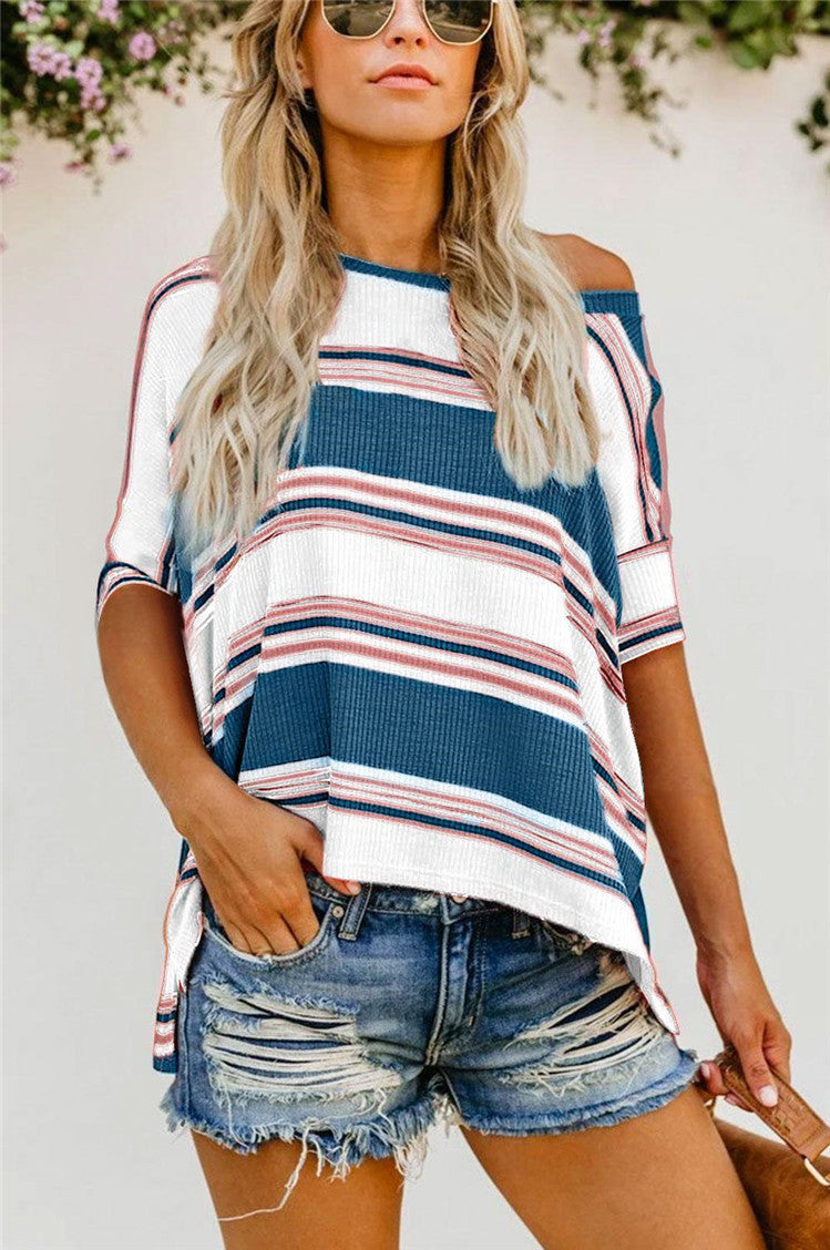 Contrast Stripe Knitwear T shirt Women Diagonal Neck Half Sleeve