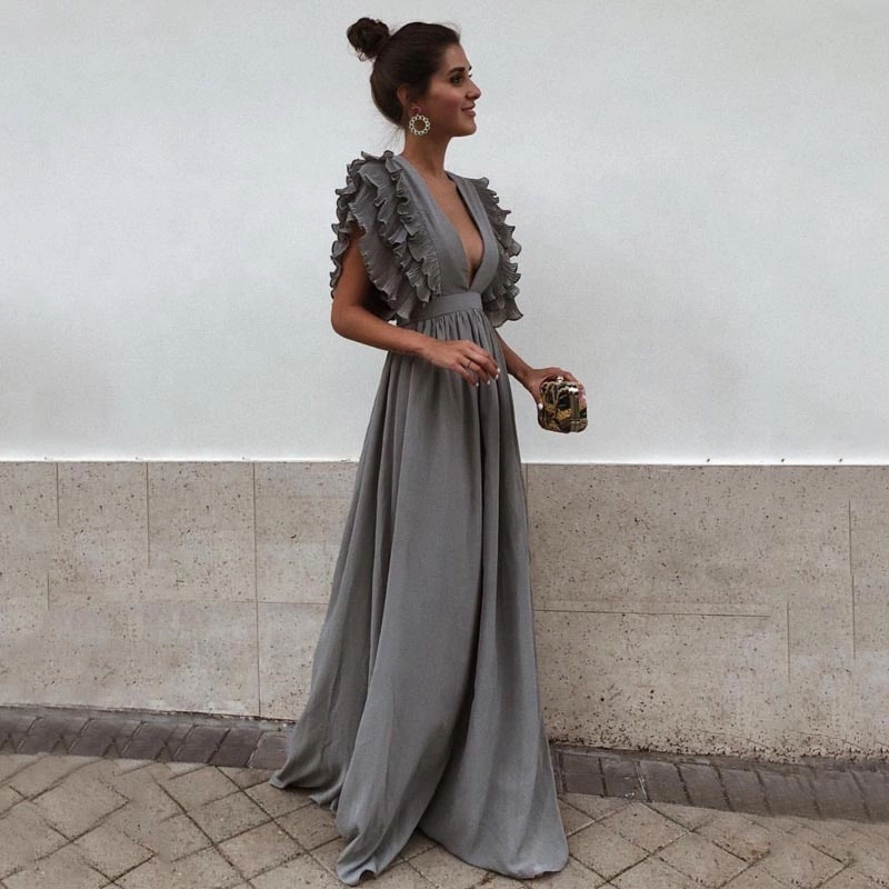 Trendy formal deep V neck gowns for women ruffled sleeveless pretty generous lady clothing long dress maxi