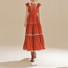 Load image into Gallery viewer, Frilled Cotton Cut Out Lace Spliced Midi Casual Bohemian Holiday Dress
