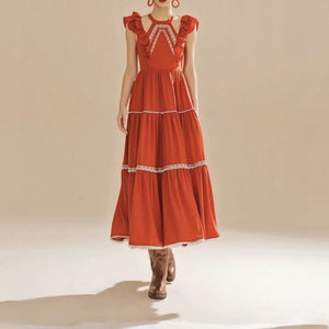 Frilled Cotton Cut Out Lace Spliced Midi Casual Bohemian Holiday Dress