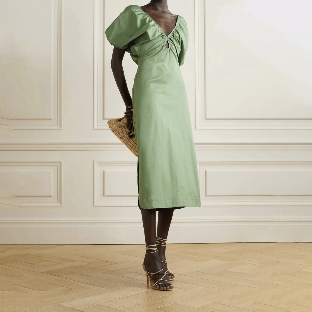 Puff Sleeve Cutout Cotton-blend Poplin Midi Pencil Casual Dress
