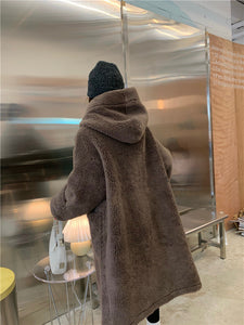 Horn Button Hooded Faux Sherpa Shearling Long Coat