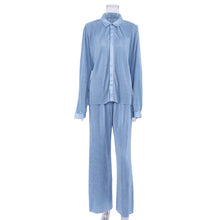 Load image into Gallery viewer, Long Sleeve Turn-down Collar Pleated Shirt Wide Leg Pants Two Piece Set
