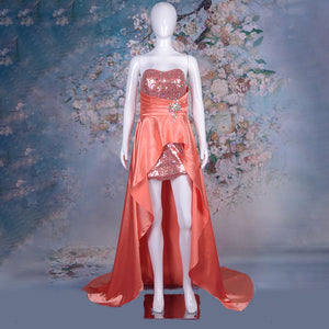High Low Hem Asymmetrical Banquet Performance Sequin Thick Satin Evening Dress