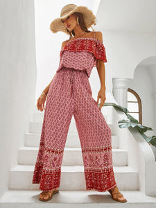 Off Shoulder Red Floral Spliced Casual Long Ladies Jumpsuit