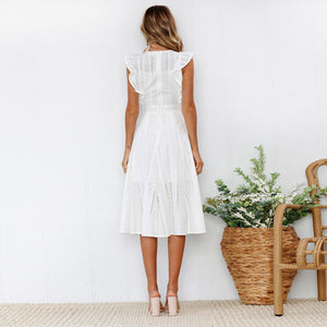 Fashion Frilled Zipper Asymmetrical Round Neck Lace Casual Dress