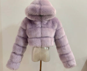 Spliced Faux Fox Fur Crop Short Hoodied Coat