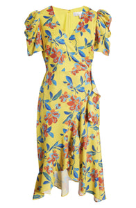 Short Puff Sleeve Ruffled Asymmetrical Floral Faux Wrap Midi Casual Dress