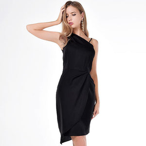 Manufacturer In-stock Womens Sexy Trendy One Shoulder Spaghetti Overlay Wrap Pleated Sheath Dress