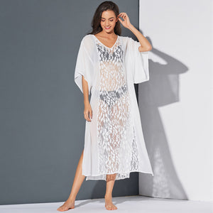 Wholesale Custom Stylish Split V-neck Sexy Summer Beach White Lace Dress Cover Up