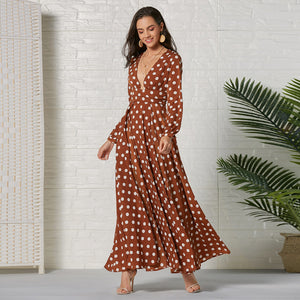 Deep V Neck Polka Dot maxi dress long sleeve